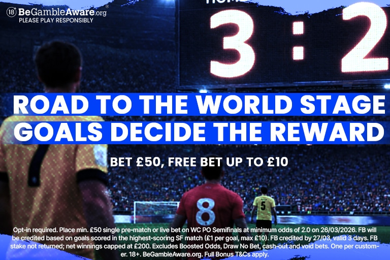 Bet 50+ & Get up to £10 FB. OPT-IN. Road to the World Stage promotion