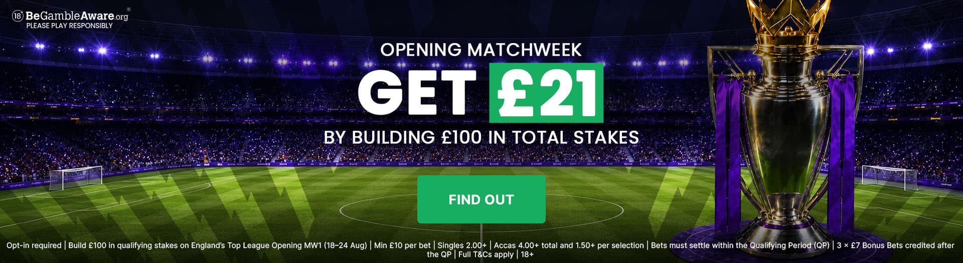 Matchweek 1 Rewards. Total stakes £100 & Get £21. promotion