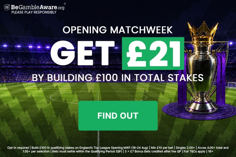 Matchweek 1 Rewards. Total stakes £100 & Get £21. promotion