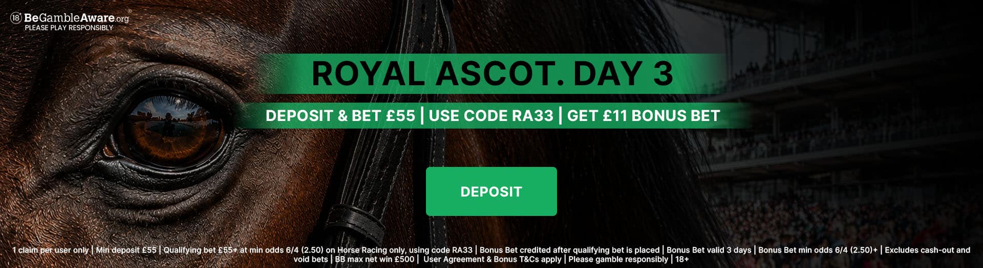 Deposit & Bet £55, Get £11 BB. Royal Ascot Day 3 promotion