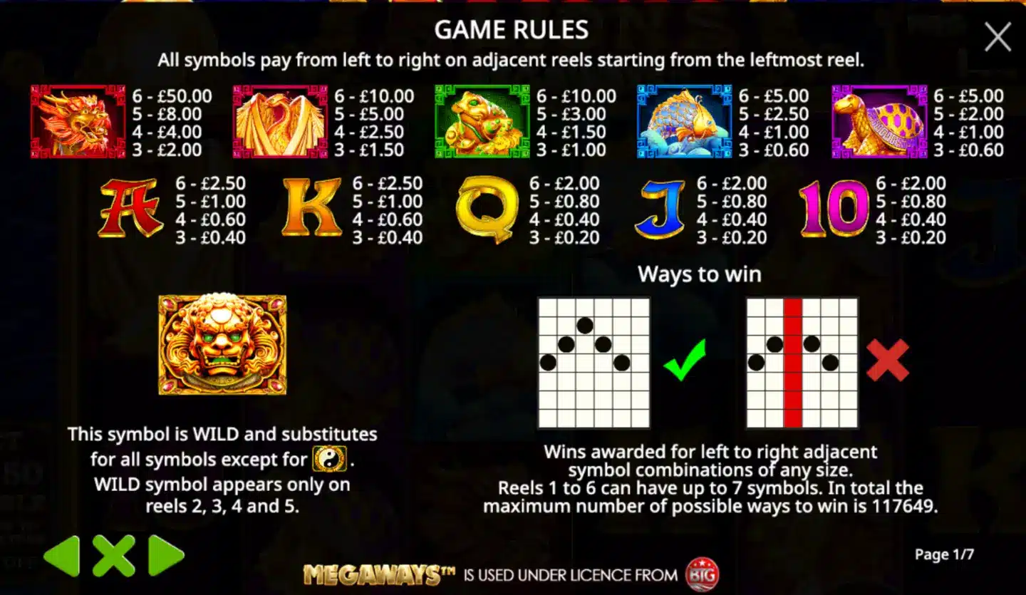 5 Lions Megaways paytable