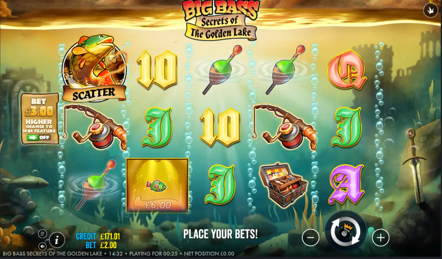 Big Bass Secrets of the Golden Lake slot main game screen