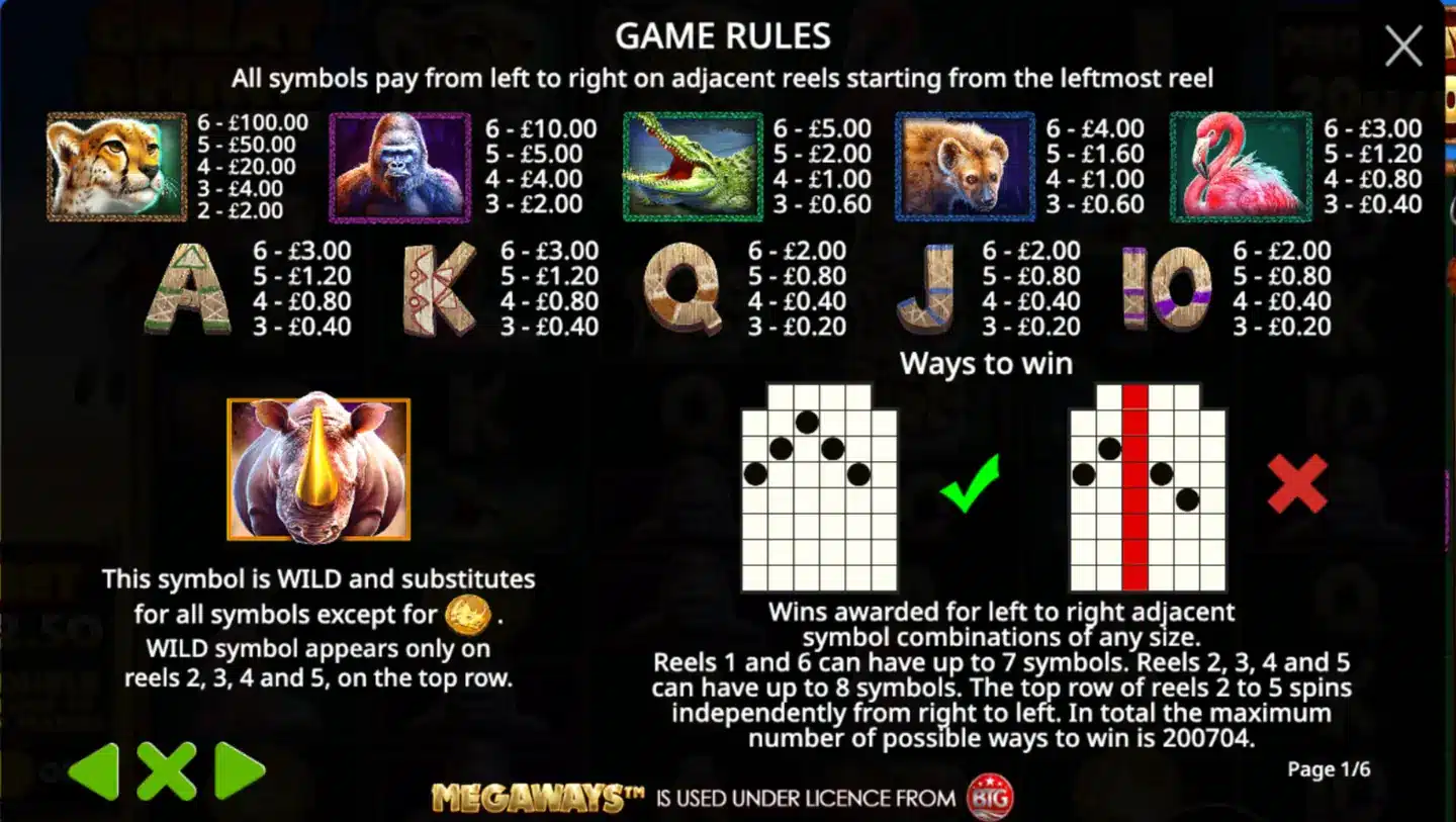Great Rhino Megaways paytable