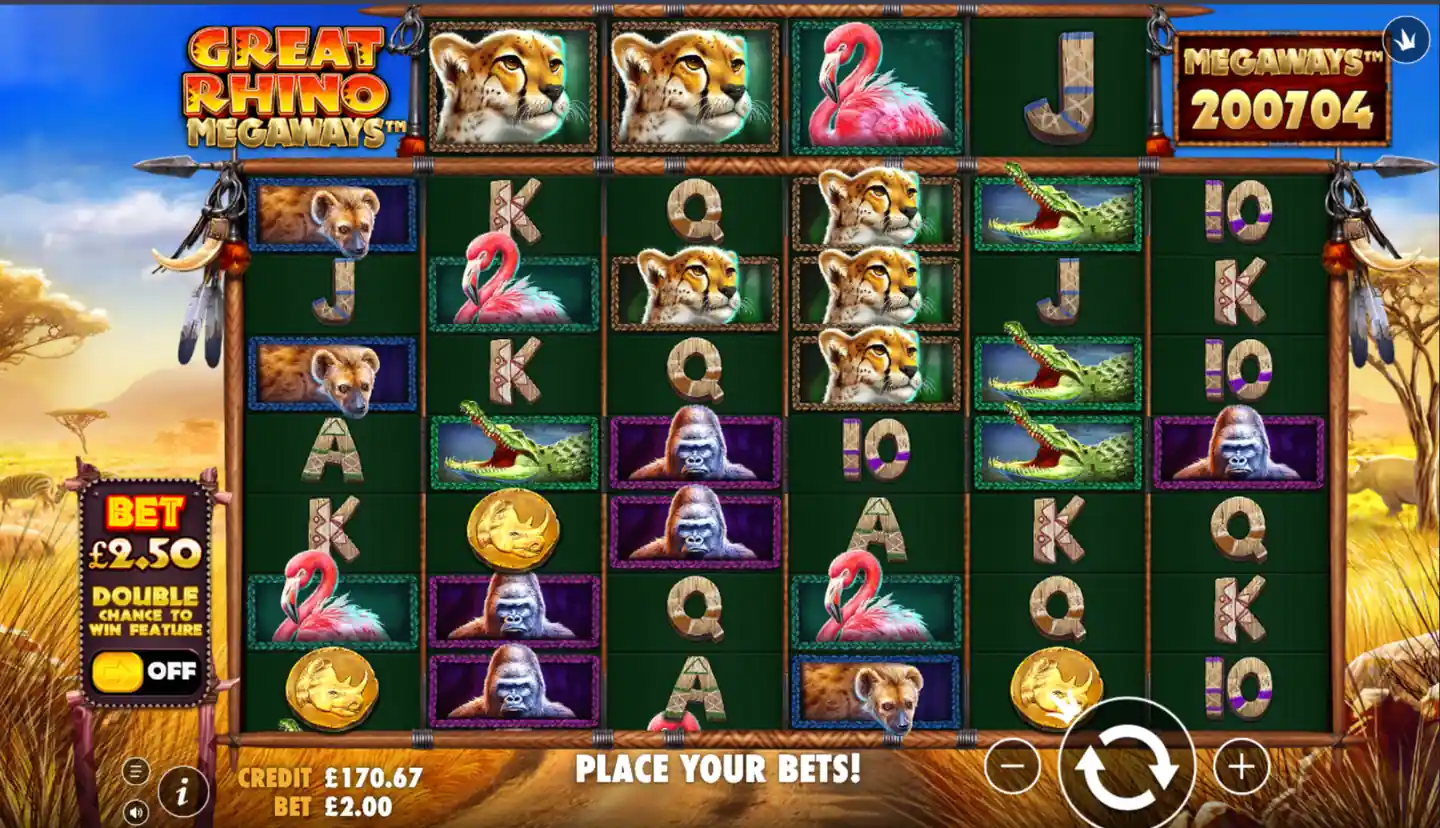 Great Rhino Megaways slot main game screen