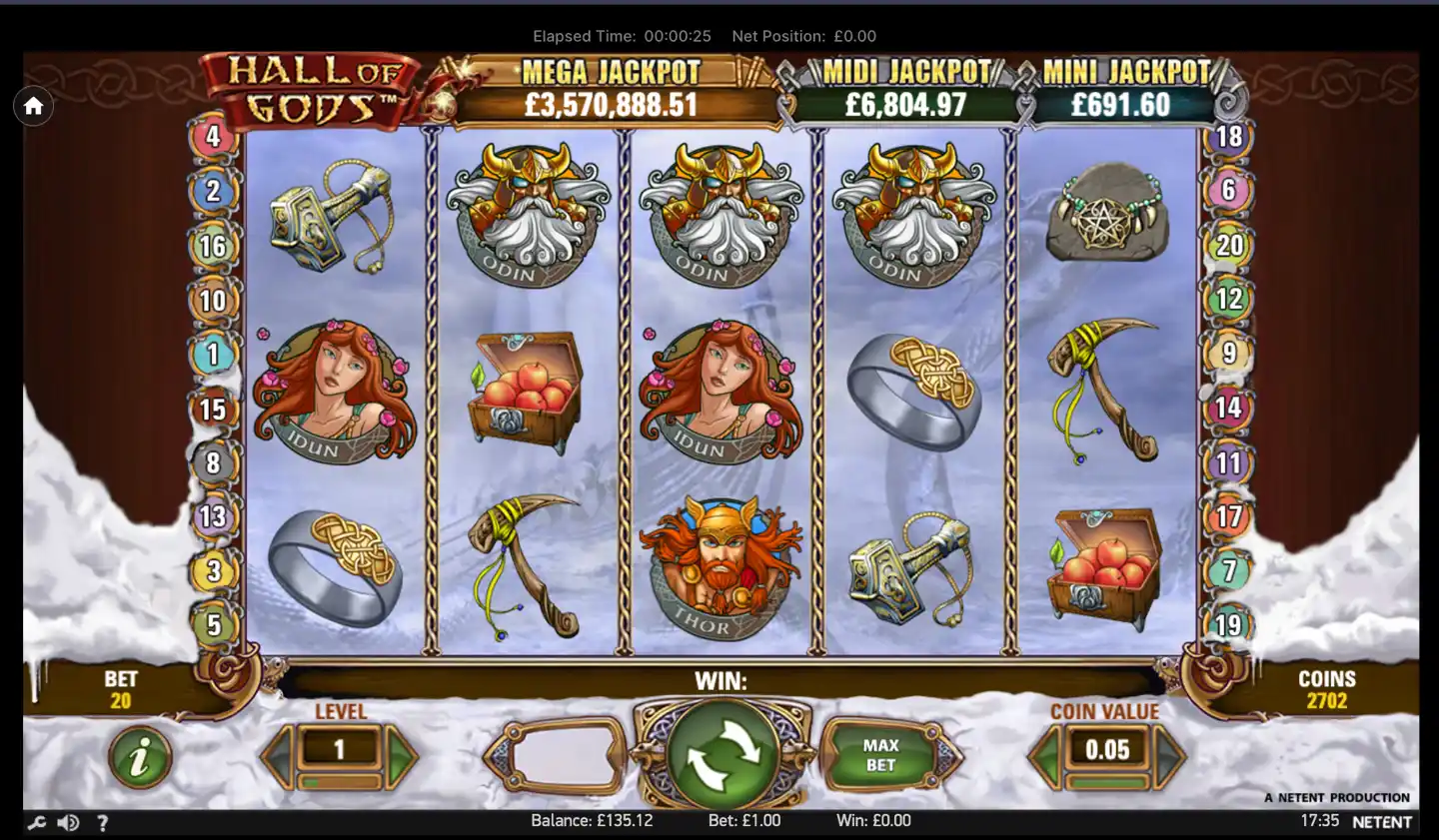 Hall of Gods slot main game screen