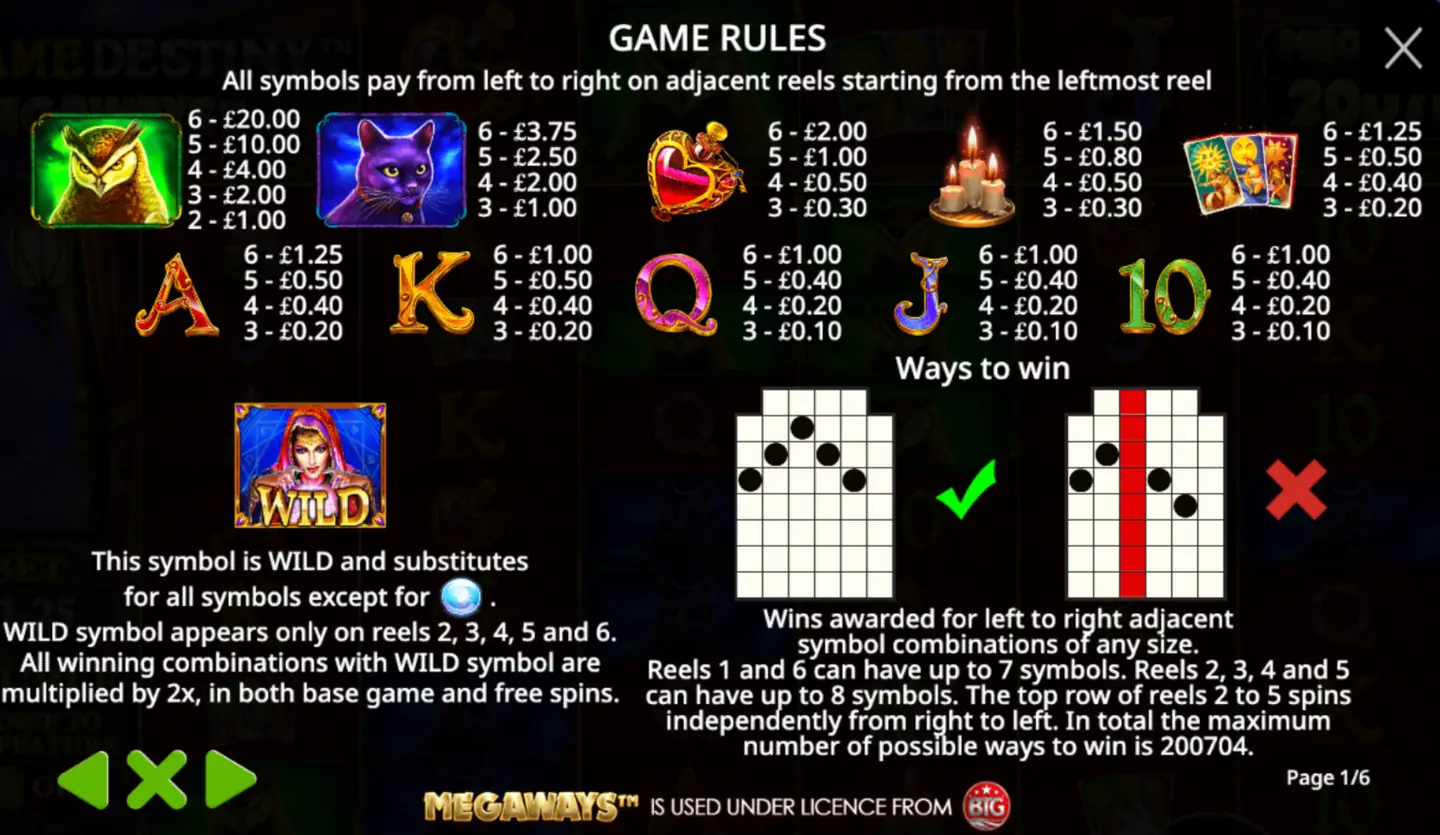 Madame Destiny Megaways paytable