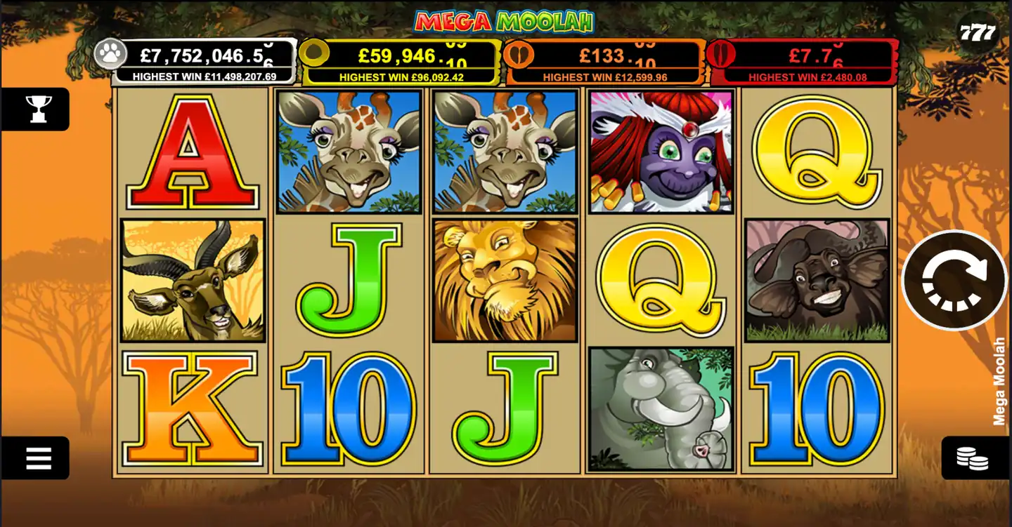 Mega Moolah slot main game screen