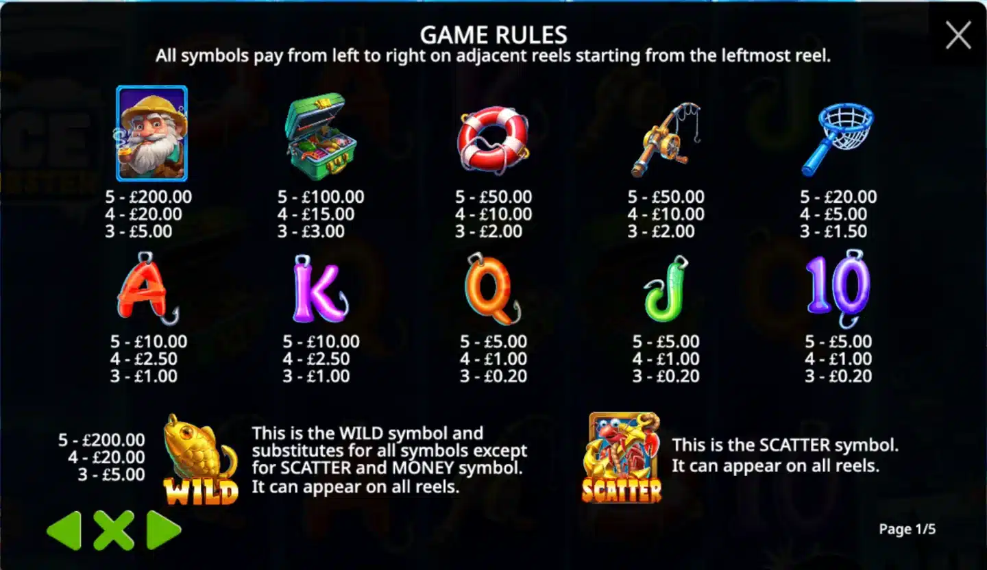 Ice Lobster paytable