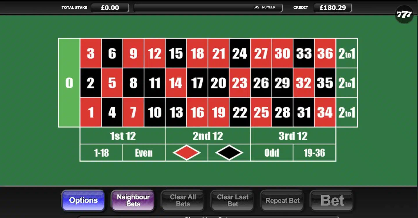 20p Roulette slot main game screen