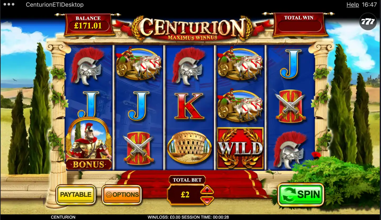 Centurion slot main game screen