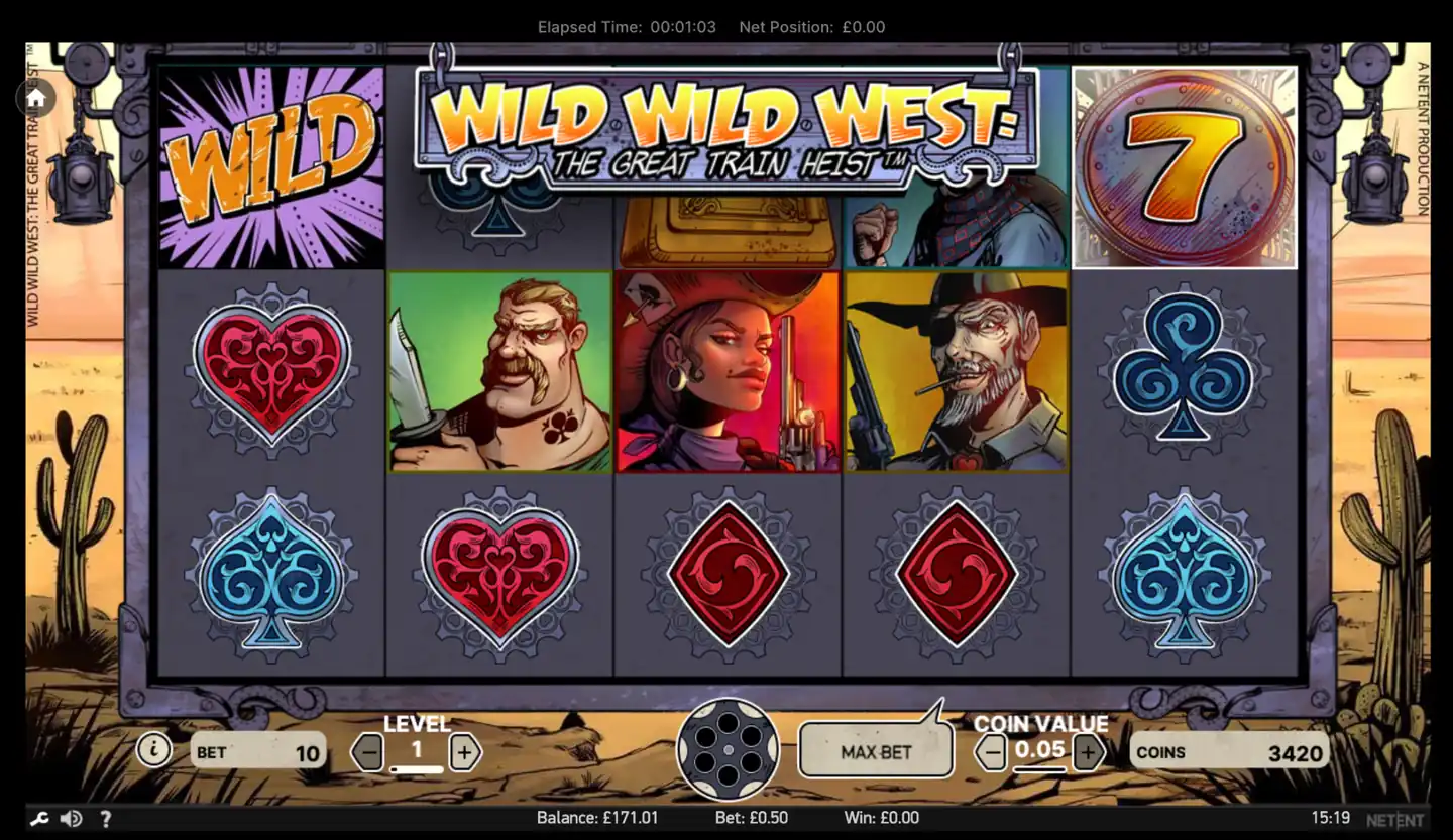Wild Wild West: The Great Train Heist slot main game screen