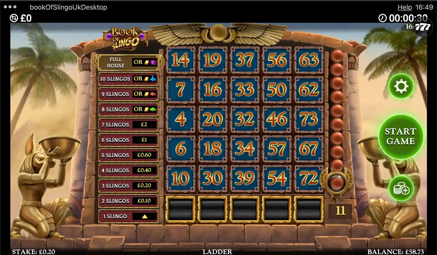 Book of Slingo main game screen