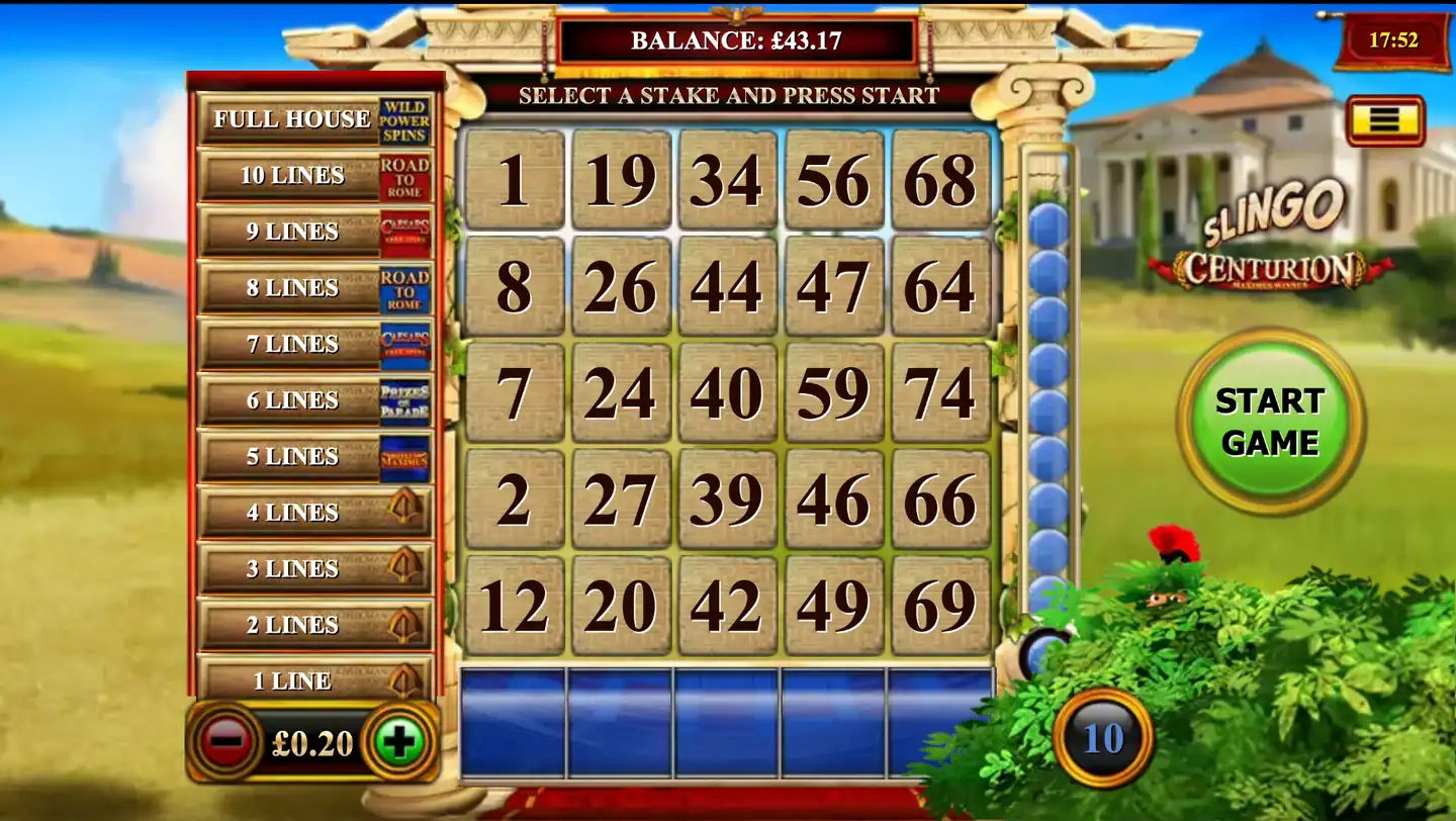 Slingo Centurion slot main game screen