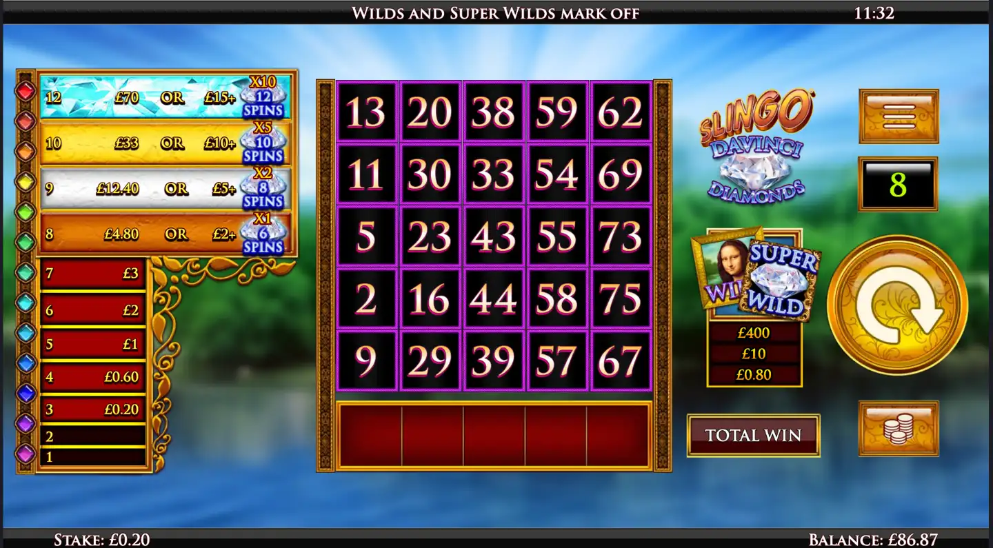 Slingo Da Vinci Diamonds slot main game screen