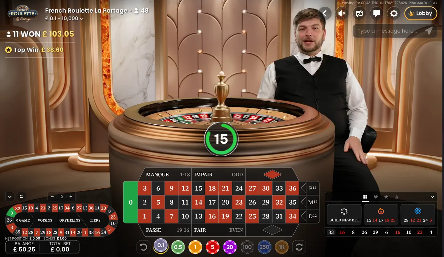 Live French Roulette table and betting layout