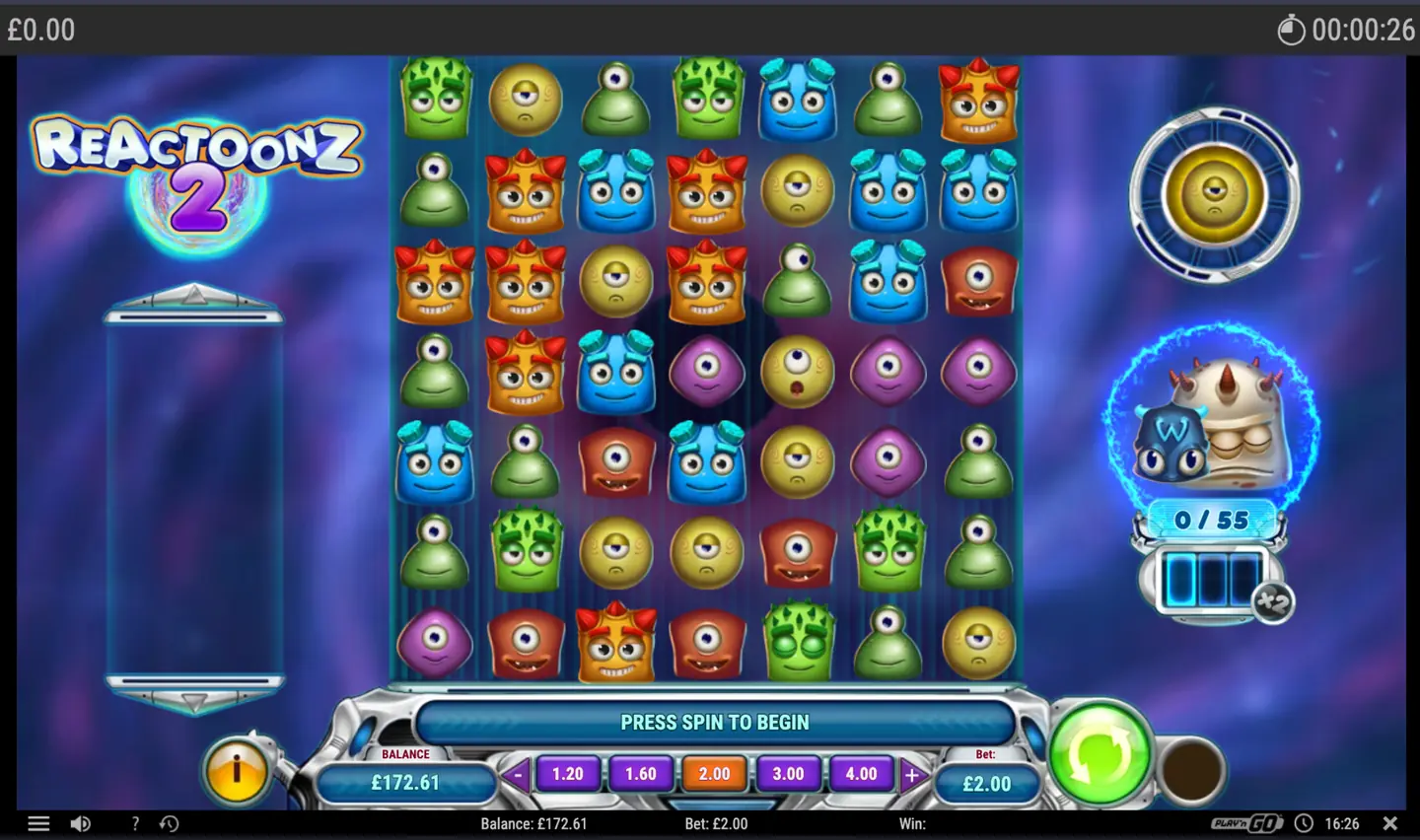 Reactoonz 2 slot main game screen