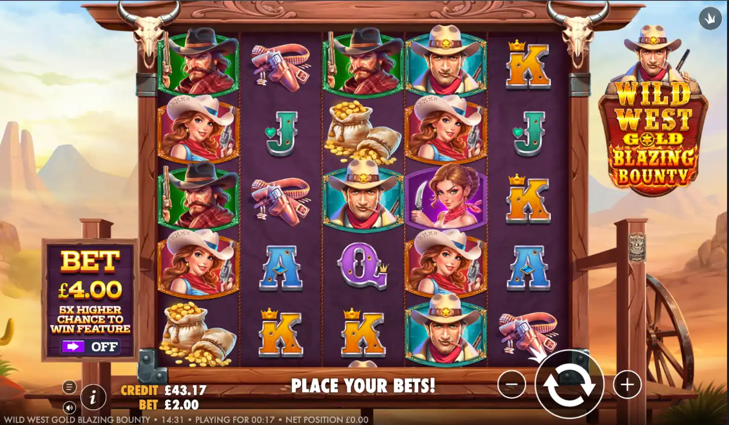 Wild West Gold Blazing Bounty slot main game screen