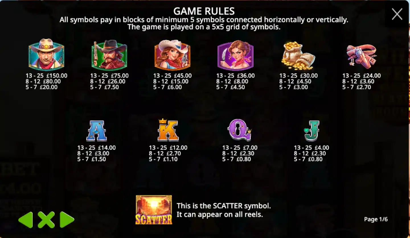 Wild West Gold Blazing Bounty slot paytable