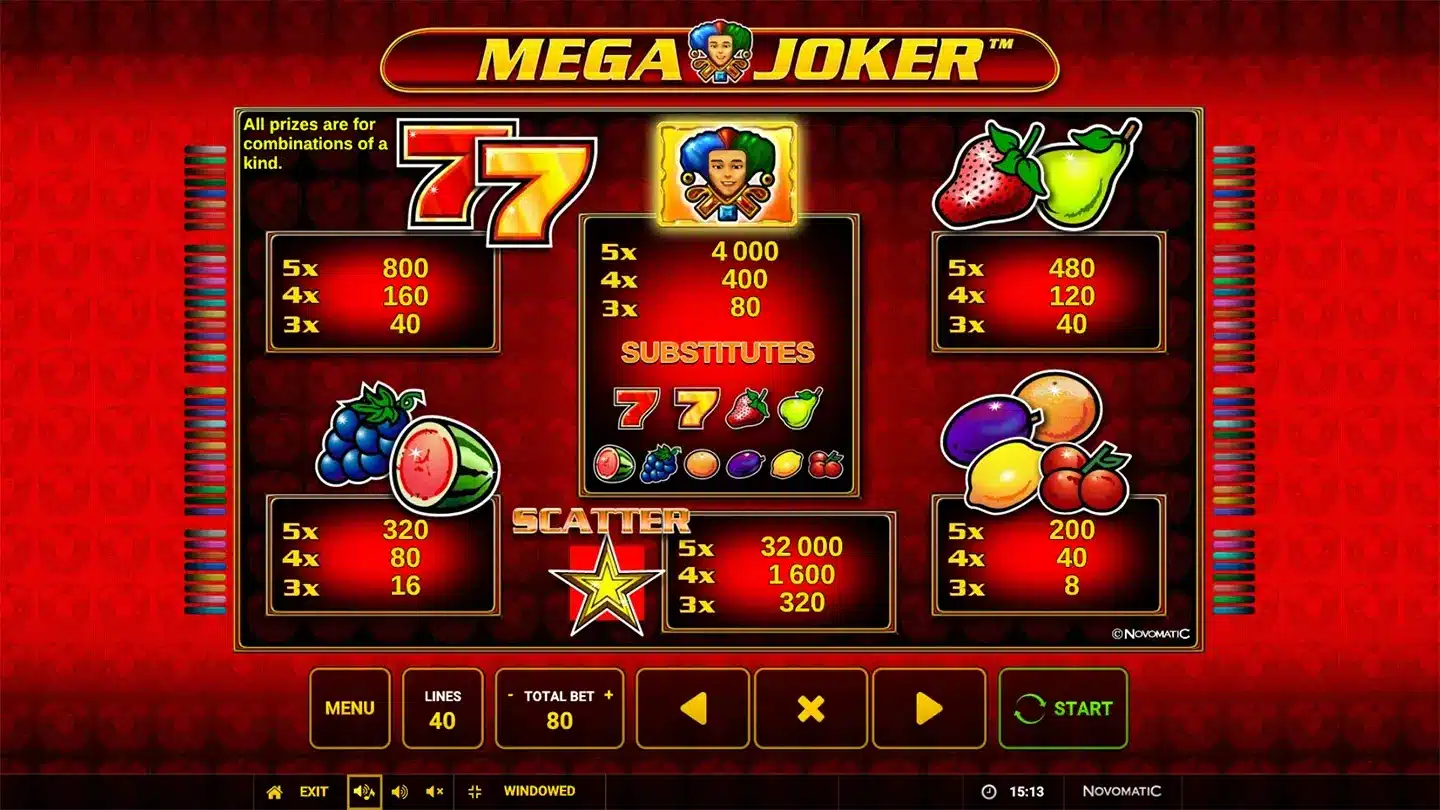 Mega Joker Paytable