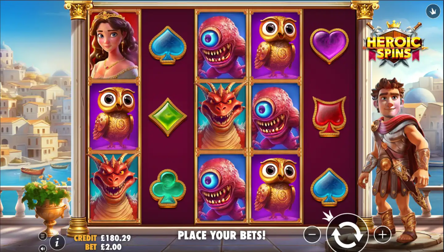 Heroic Spins slot main game screen