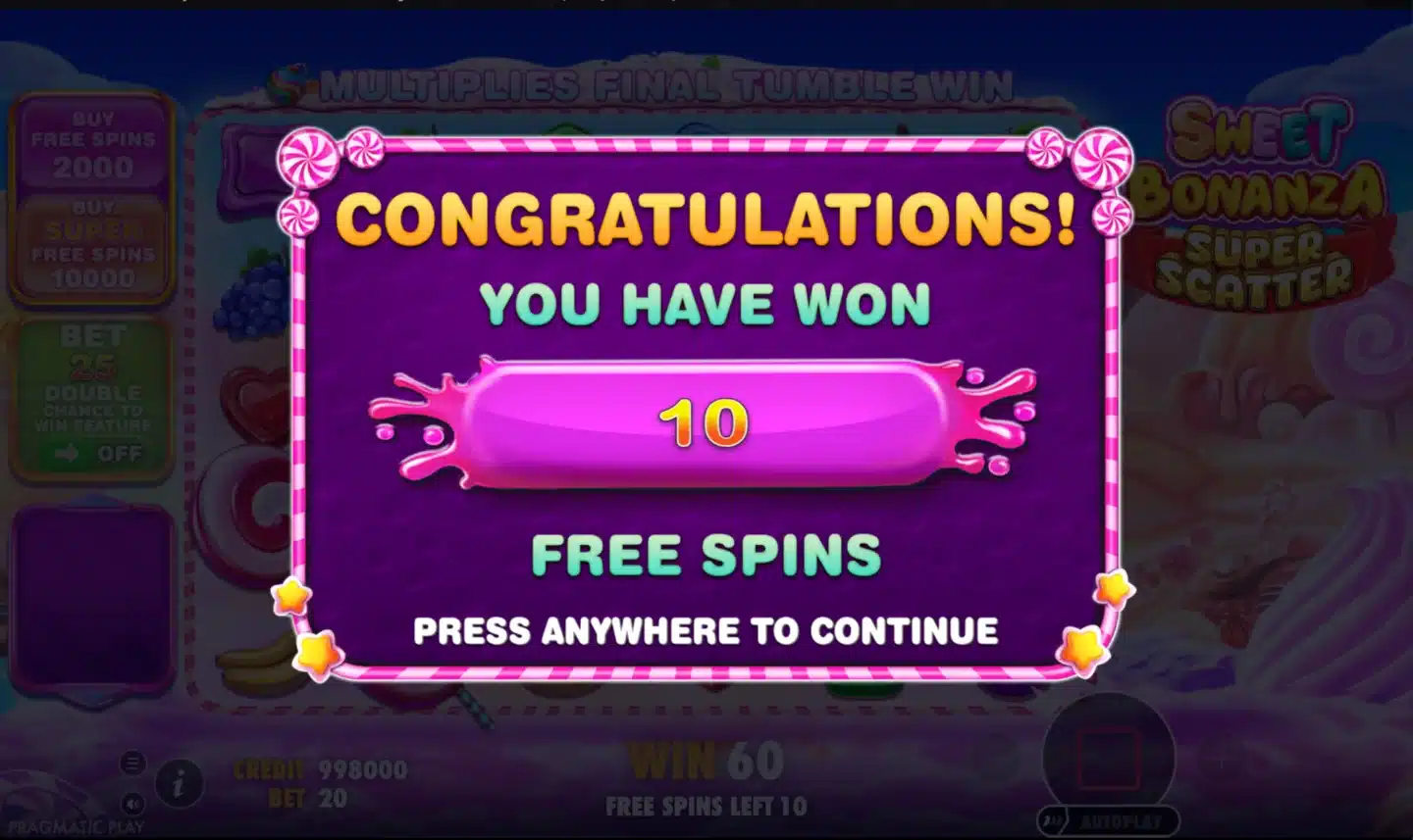 Sweet Bonanza Super Scatter free spins