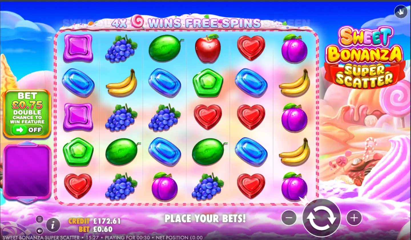 Sweet Bonanza Super Scatter slot main game screen