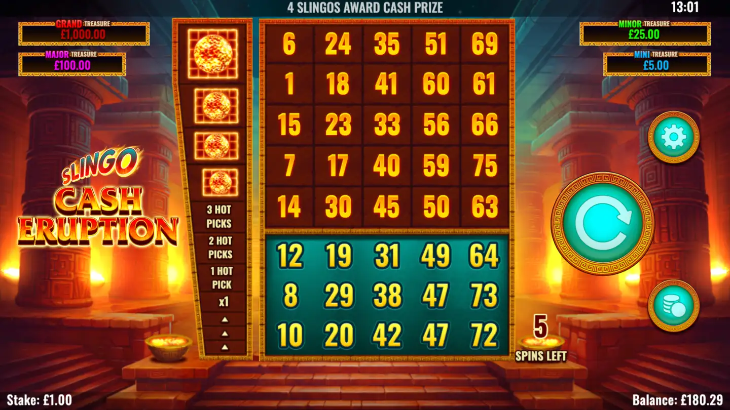 Slingo Cash Eruption slot main game screen