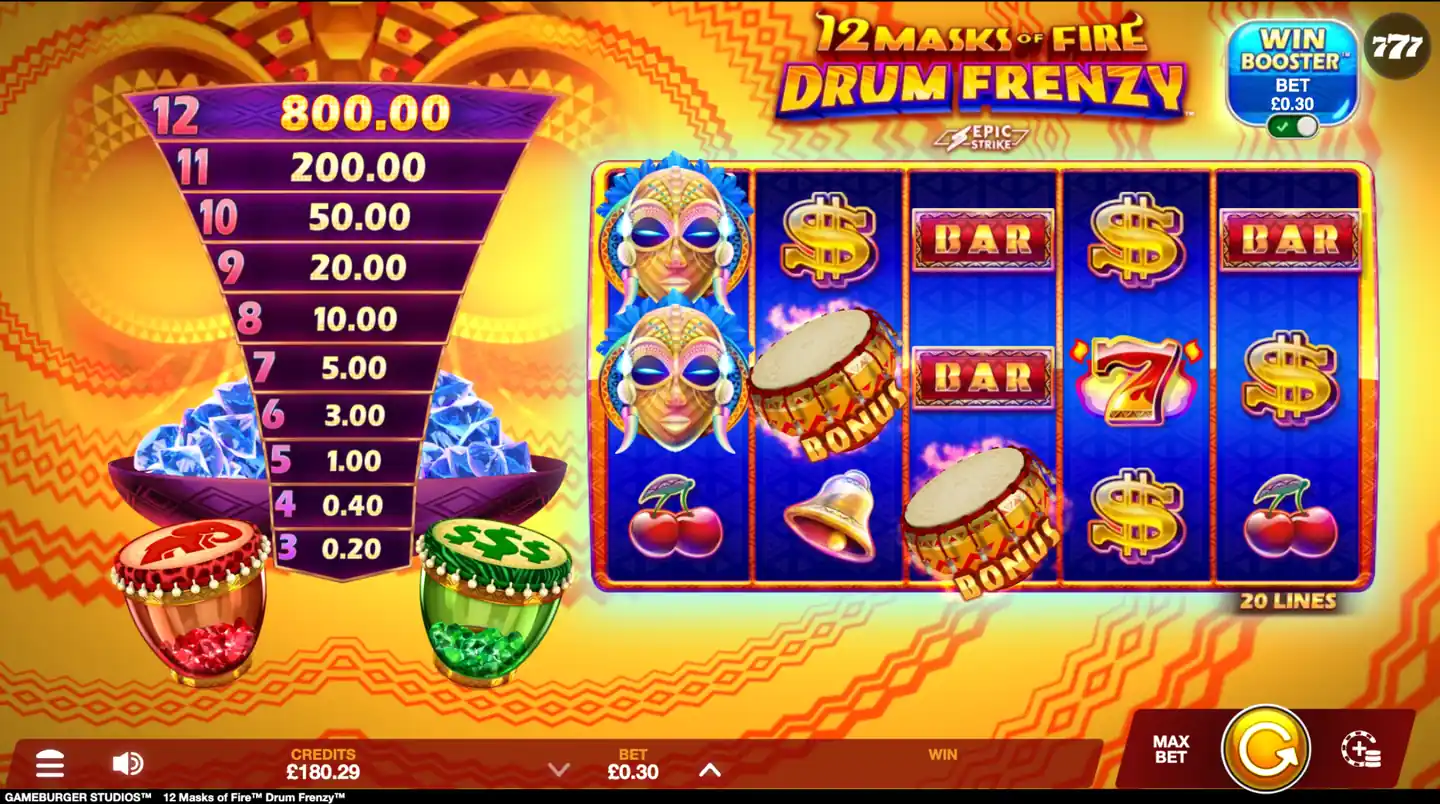 12 Masks of Fire™ Drum Frenzy slot main game screen