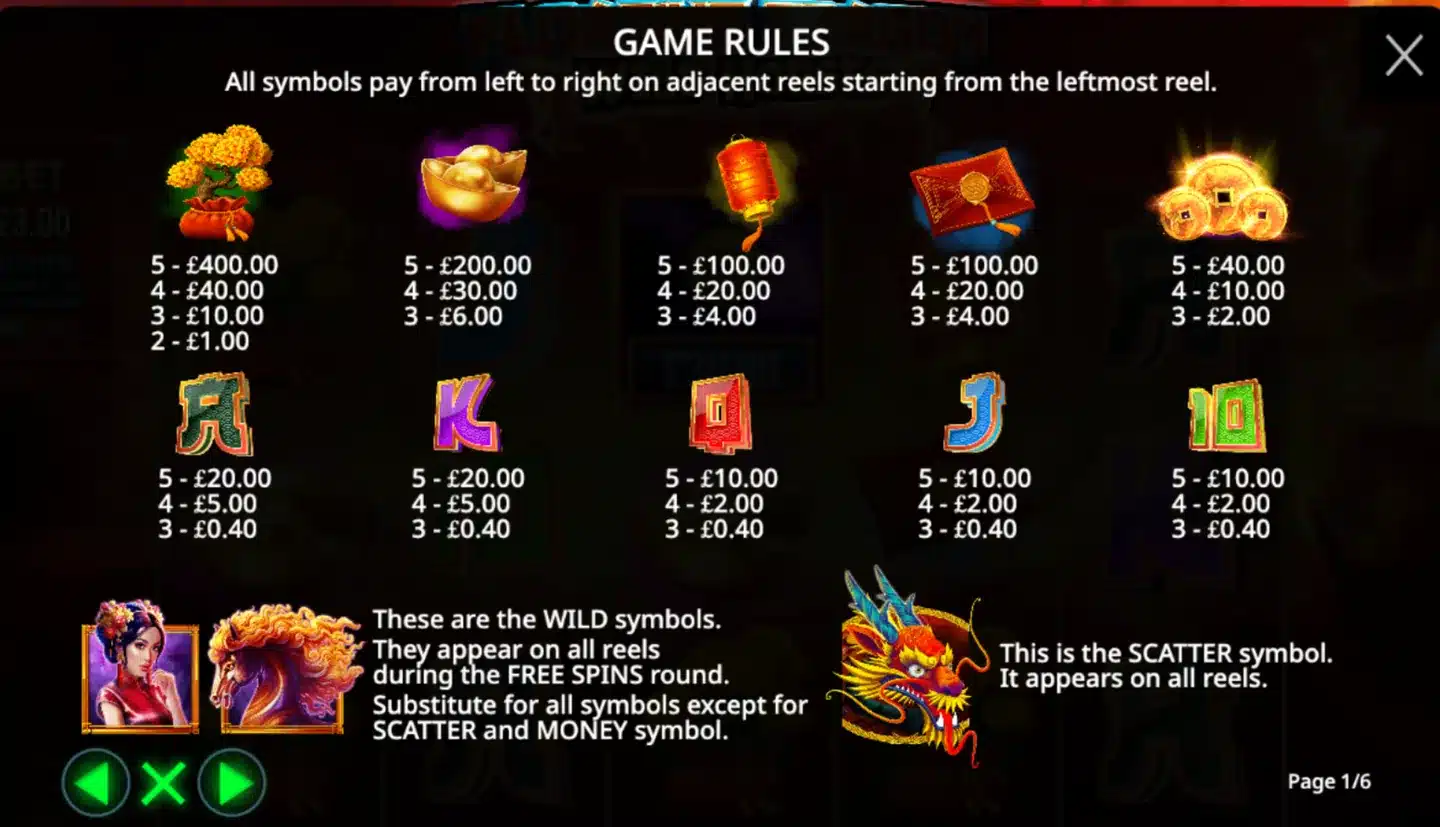 Floating Dragon Wild Horses paytable