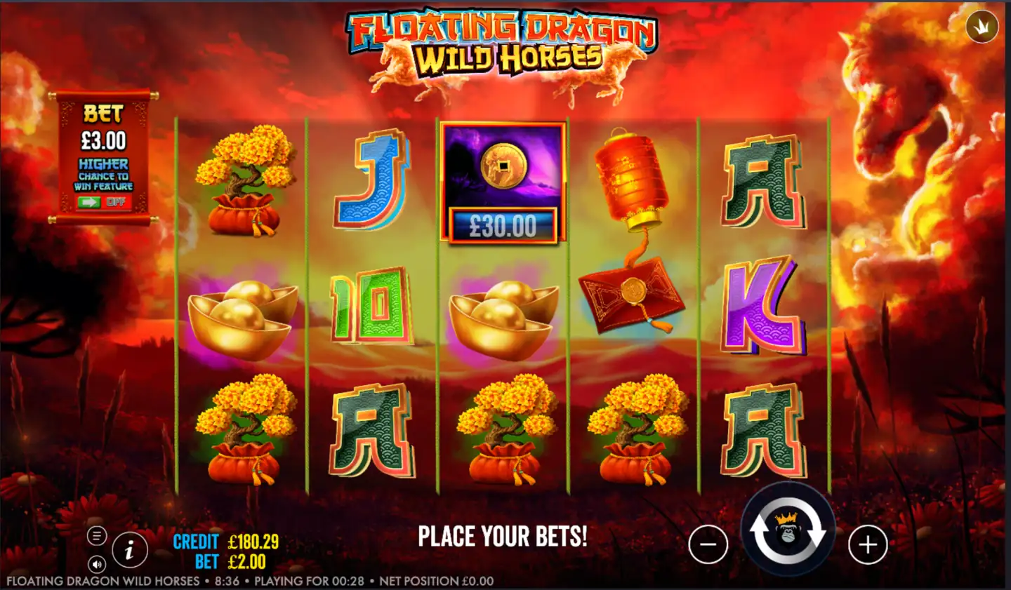 Floating Dragon Wild Horses slot main game screen