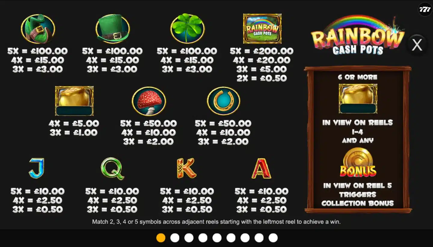 Rainbow Cash Pots slot paytable