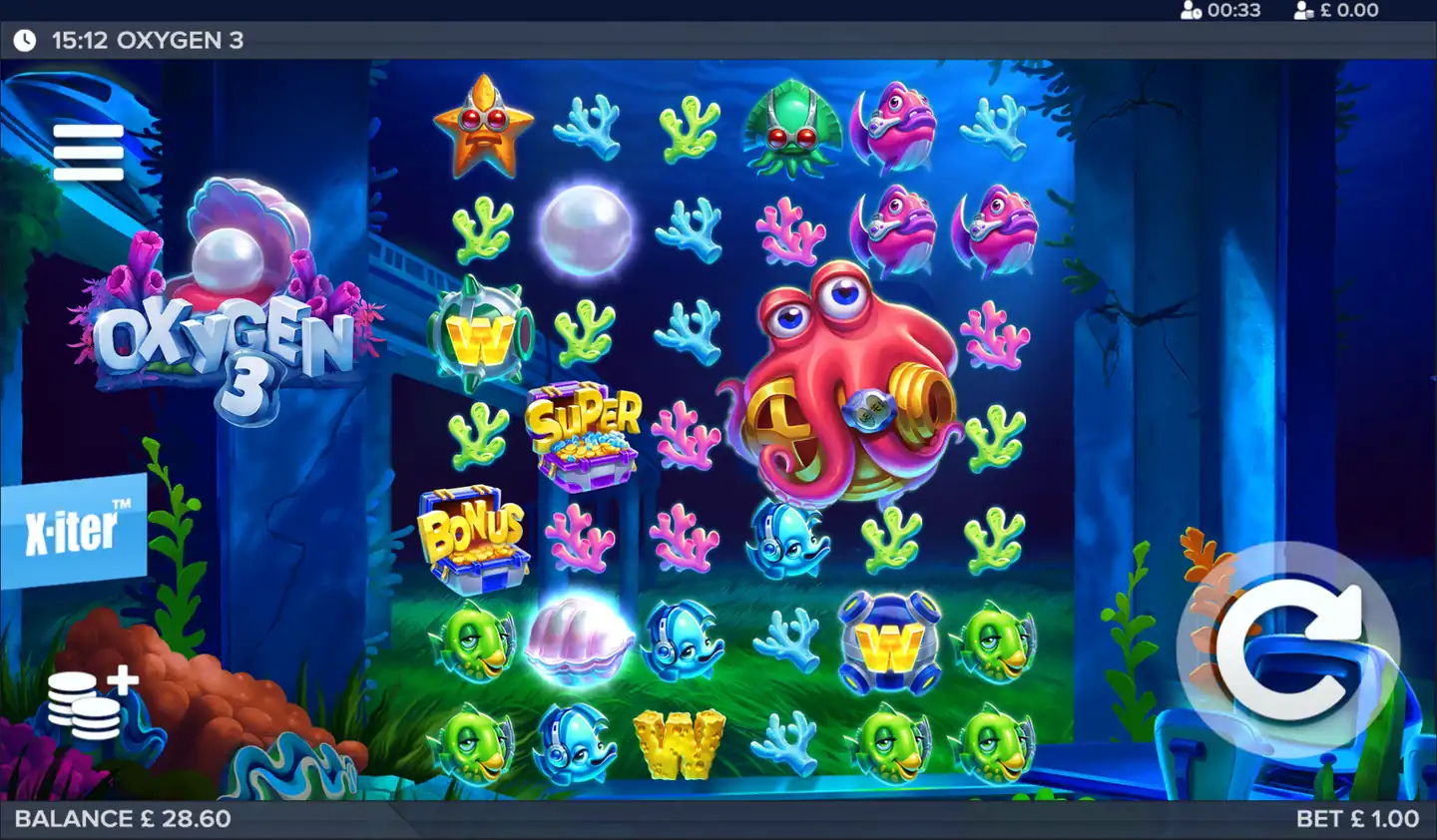 Oxygen 3 slot main game screen