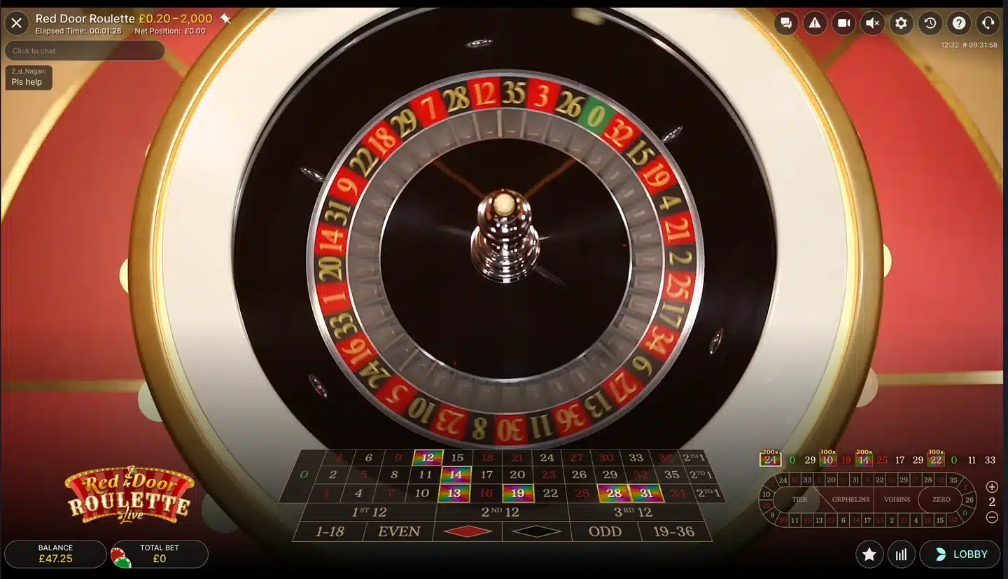 Red Door Roulette wheel with key numbers on the betting grid