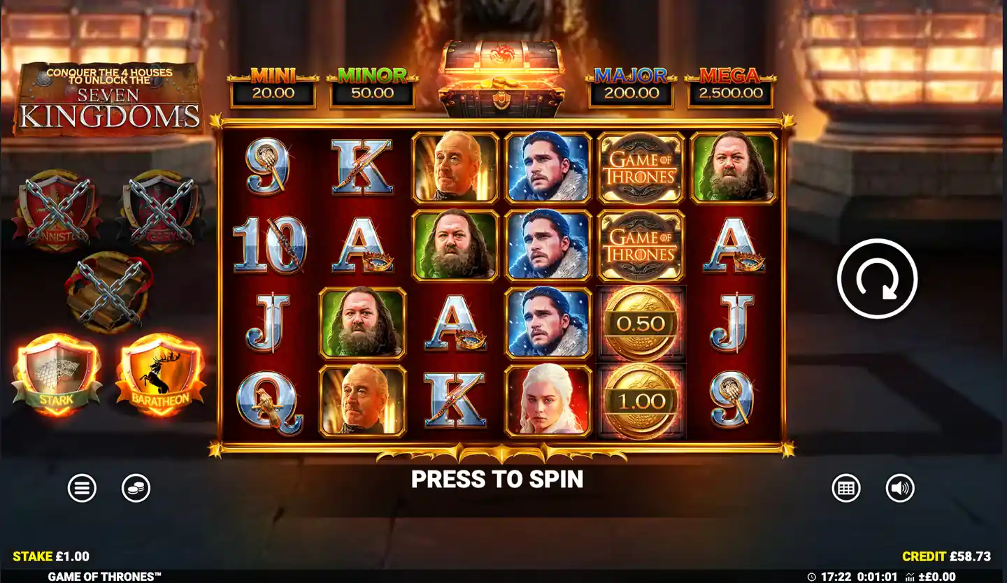 Game of Thrones slot main game screen