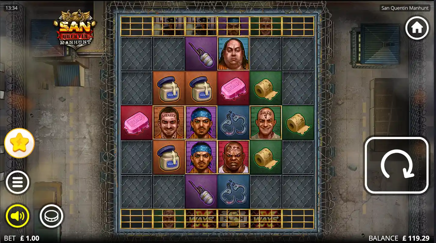San Quentin Manhunt slot main game screen