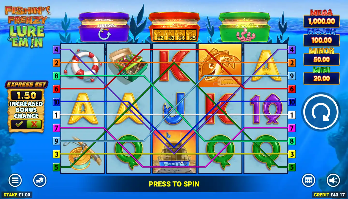 Fishin’ Frenzy Lure 'Em In slot main game screen