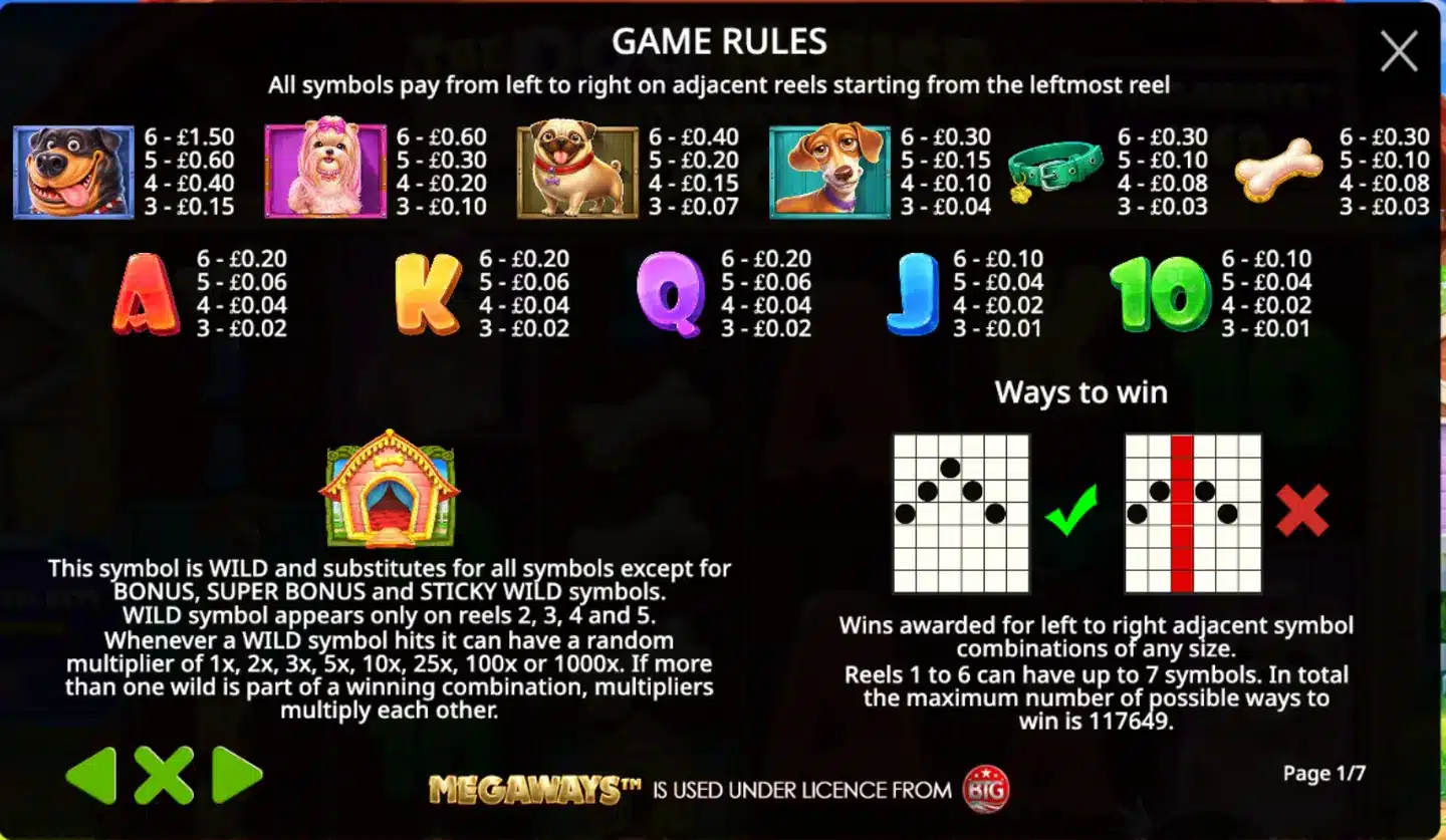 The Dog House Megaways 1000 slot paytable
