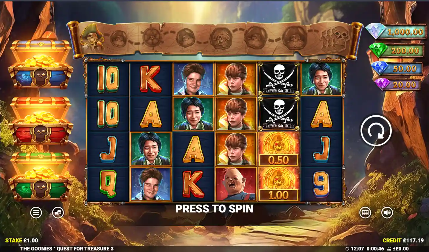 The Goonies Quest for Treasure 3 slot main game screen
